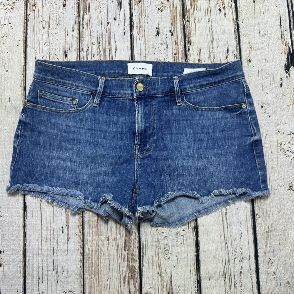 FRAME Le Cutoff Women Blue Medium Wash Denim Cut Off Shorts 28 Low Rise Stretch